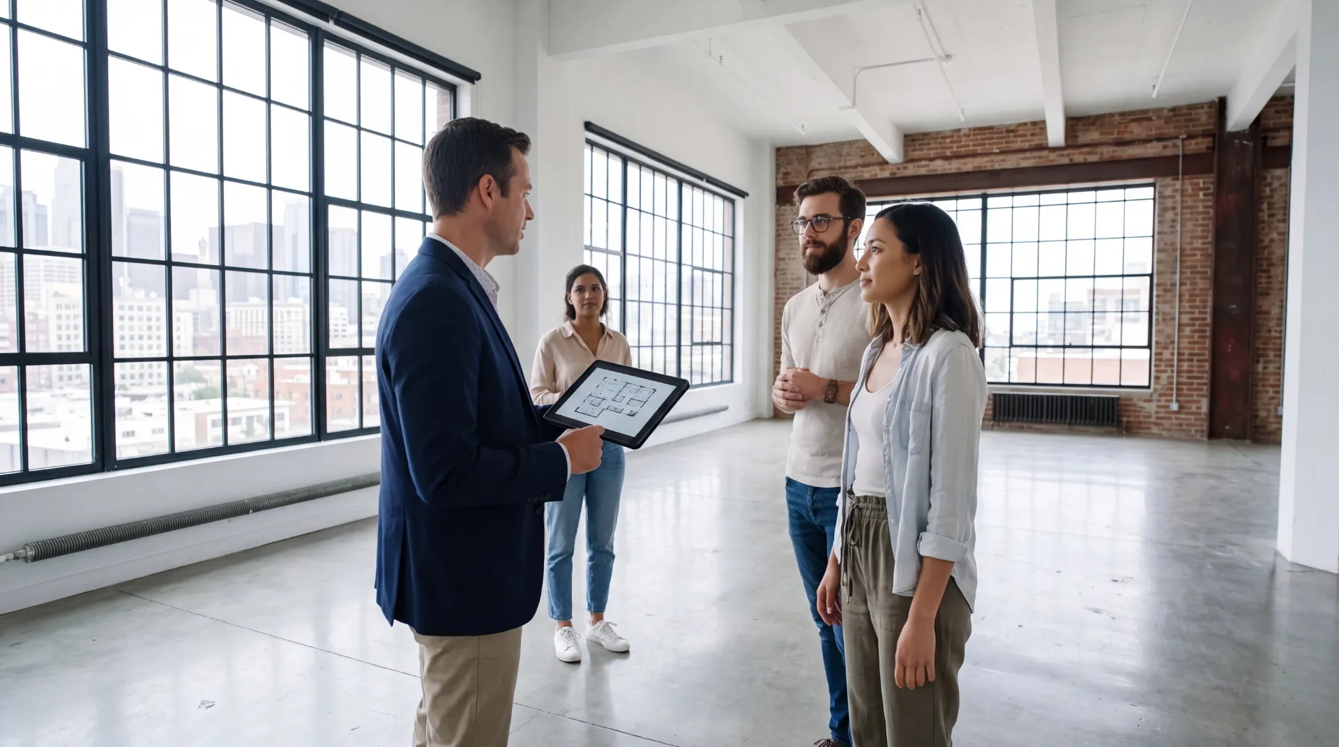 Commercial property buyers touring an office space with a real estate agent.