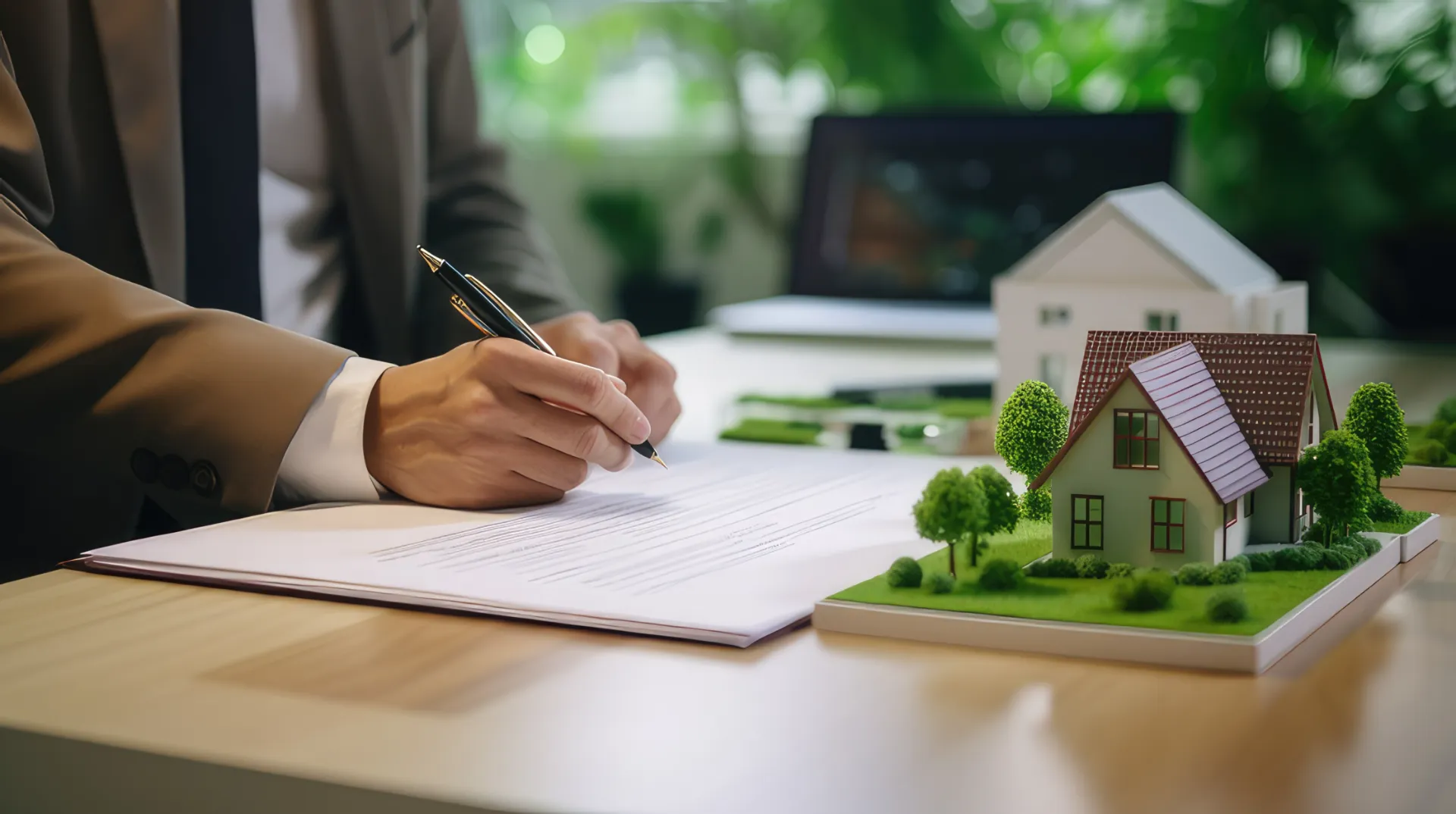 Mortgage refinancing documents beside model homes on a desk