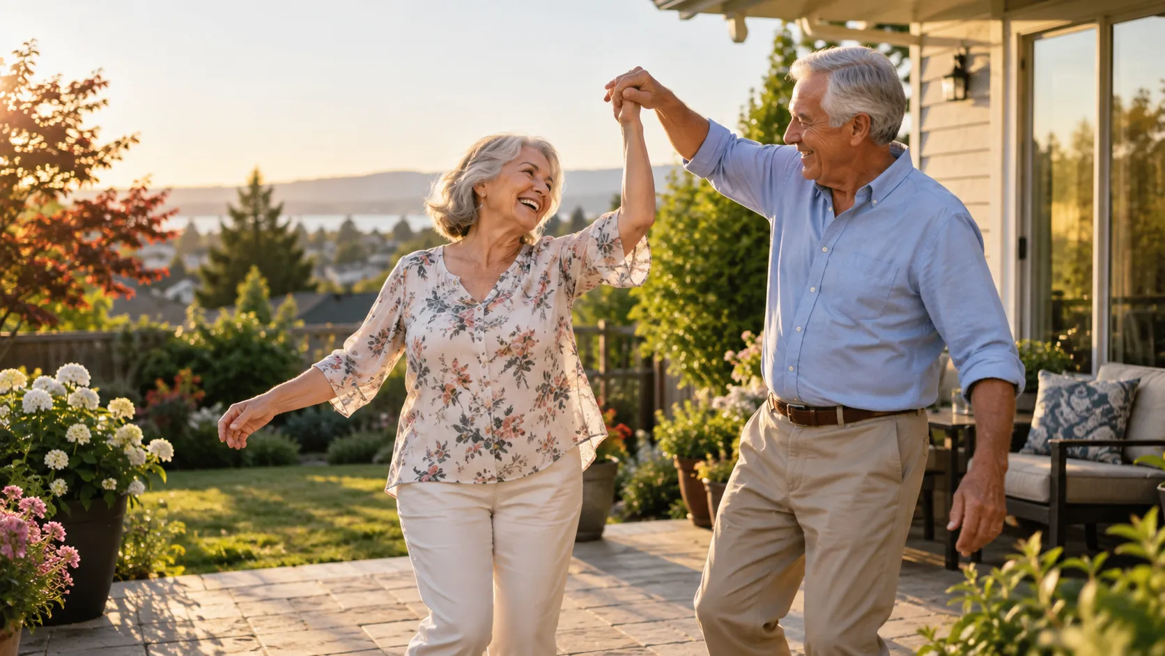Retired couple smiling and dancing in outside their home
