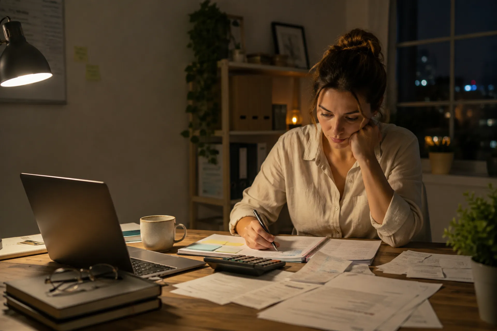 Self-employed woman reviewing finances and mortgage documents at home.